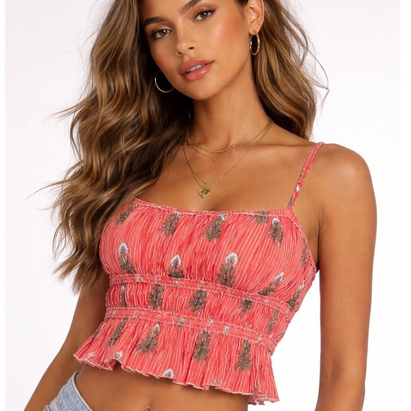 We The Free Tops - Smocked Floral Tank Free People Dolce Vita Red‎ Ruffle Crop Top Boho Cotton M